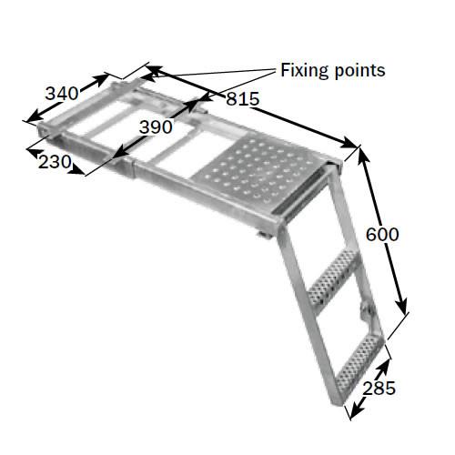 Underbody Access Step with Platform, 2-Rung, galvanized steel, featuring measurements and design sketch, ideal for heavy-duty trailer use.