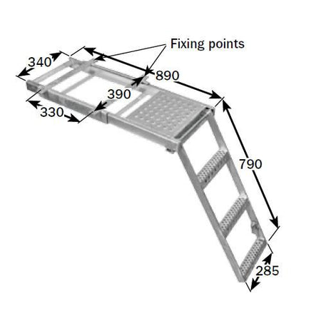 Underbody Access Step with Platform (3 Rung) - heavy-duty, galvanized steel ladder with measurements, designed for safe vehicle access, featuring a perforated tread and spring latch.