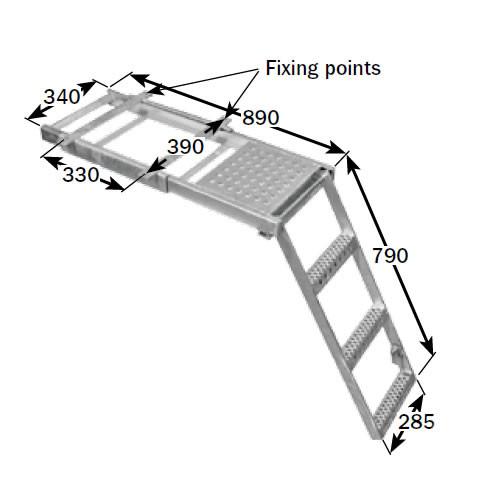 Underbody Access Step with Platform (3 Rung) - heavy-duty, galvanized steel ladder with measurements, designed for safe vehicle access, featuring a perforated tread and spring latch.