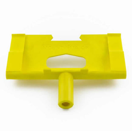 Mounty Major Head, a yellow plastic tool with a handle and triangular hole, designed for secure load restraint on commercial trailers.