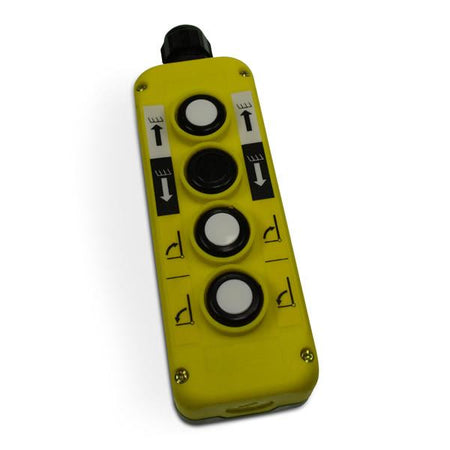 Four Button Mafelec Style Control Box with secure magnets, ideal for managing trailer parts and vehicle components, featuring a yellow design with four black buttons.