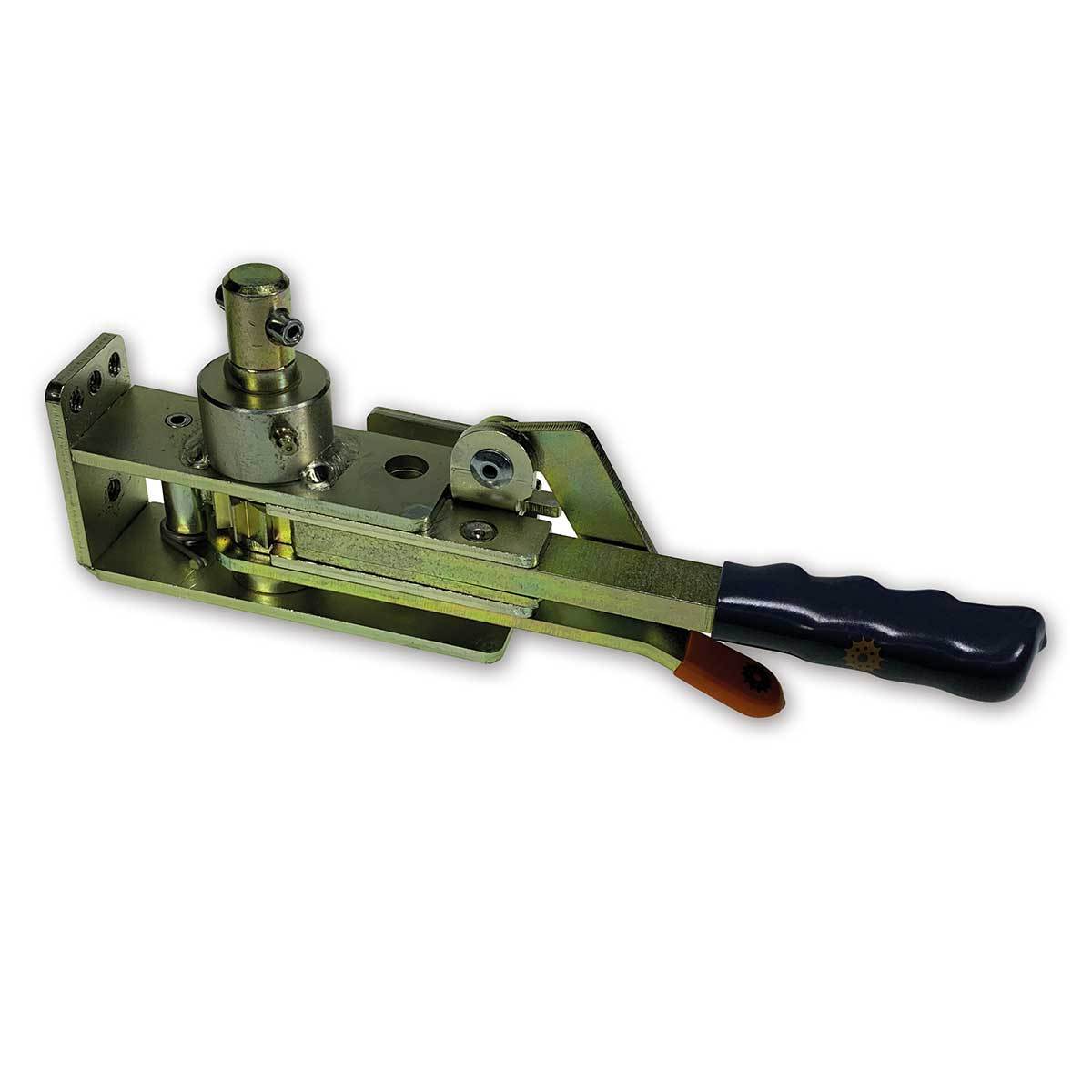 R100 Ratchet Tensioner featuring a metal lever ratchet with a handle, designed for commercial trailer load restraint, highlighting its zinc-plated, chrome finish and cross-drilled spindle.