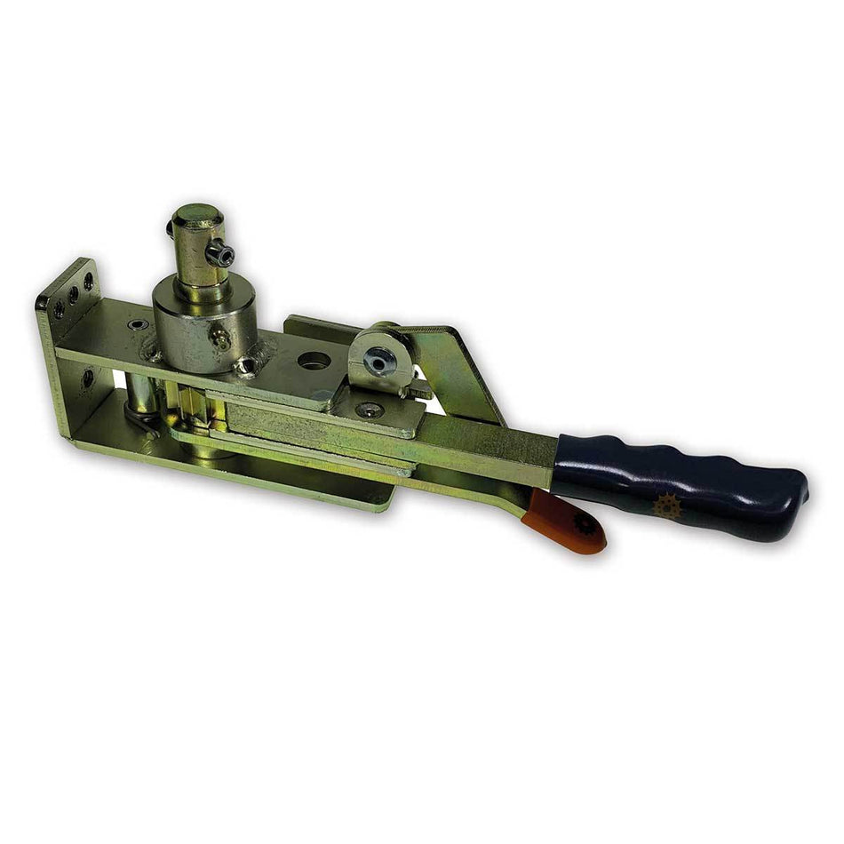 R100 Ratchet Tensioner featuring a metal lever ratchet with a handle, designed for commercial trailer load restraint, highlighting its zinc-plated, chrome finish and cross-drilled spindle.