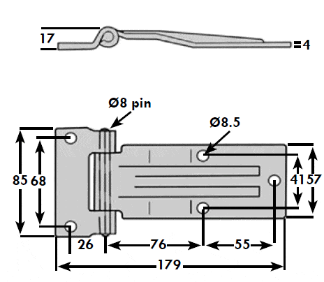Diagram of a stainless steel raised blade door hinge, showcasing its polished finish and design, relevant to commercial trailer parts.