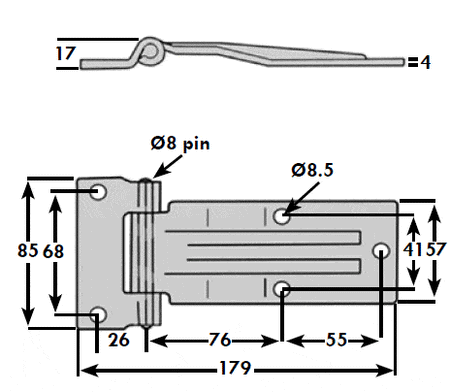 Diagram of a stainless steel raised blade door hinge, showcasing its polished finish and design, relevant to commercial trailer parts.