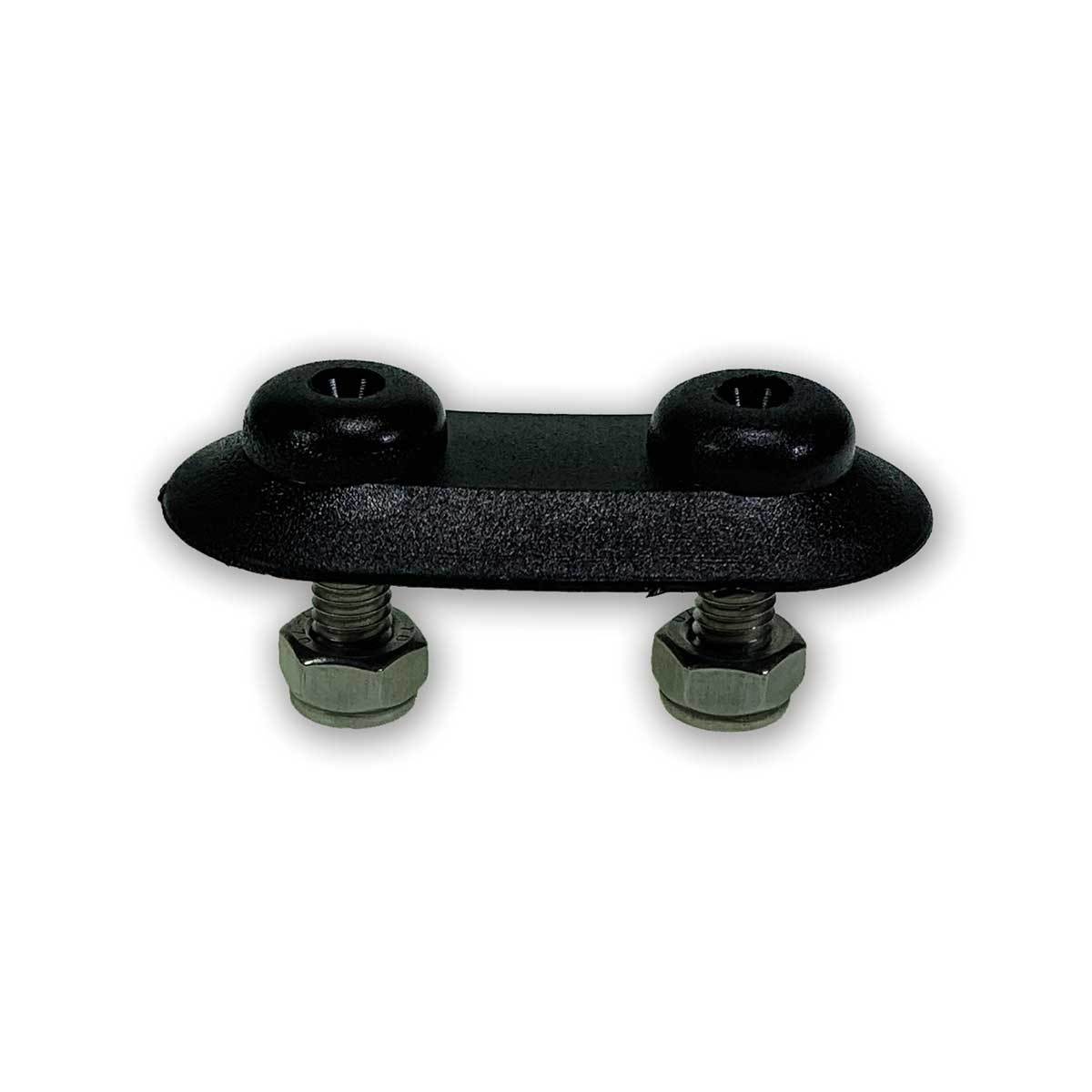 Plastic Back Plate with two screws and two nyloc nuts, designed for securing buckles to curtains; features 28mm bolt spacing and 14mm stud length.