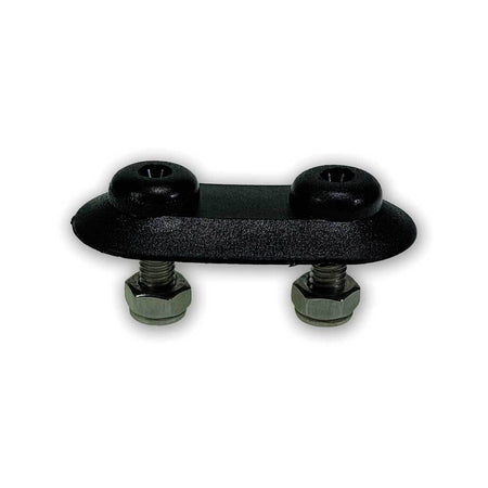 Plastic Back Plate with two screws and two nyloc nuts, designed for securing buckles to curtains; features 28mm bolt spacing and 14mm stud length.