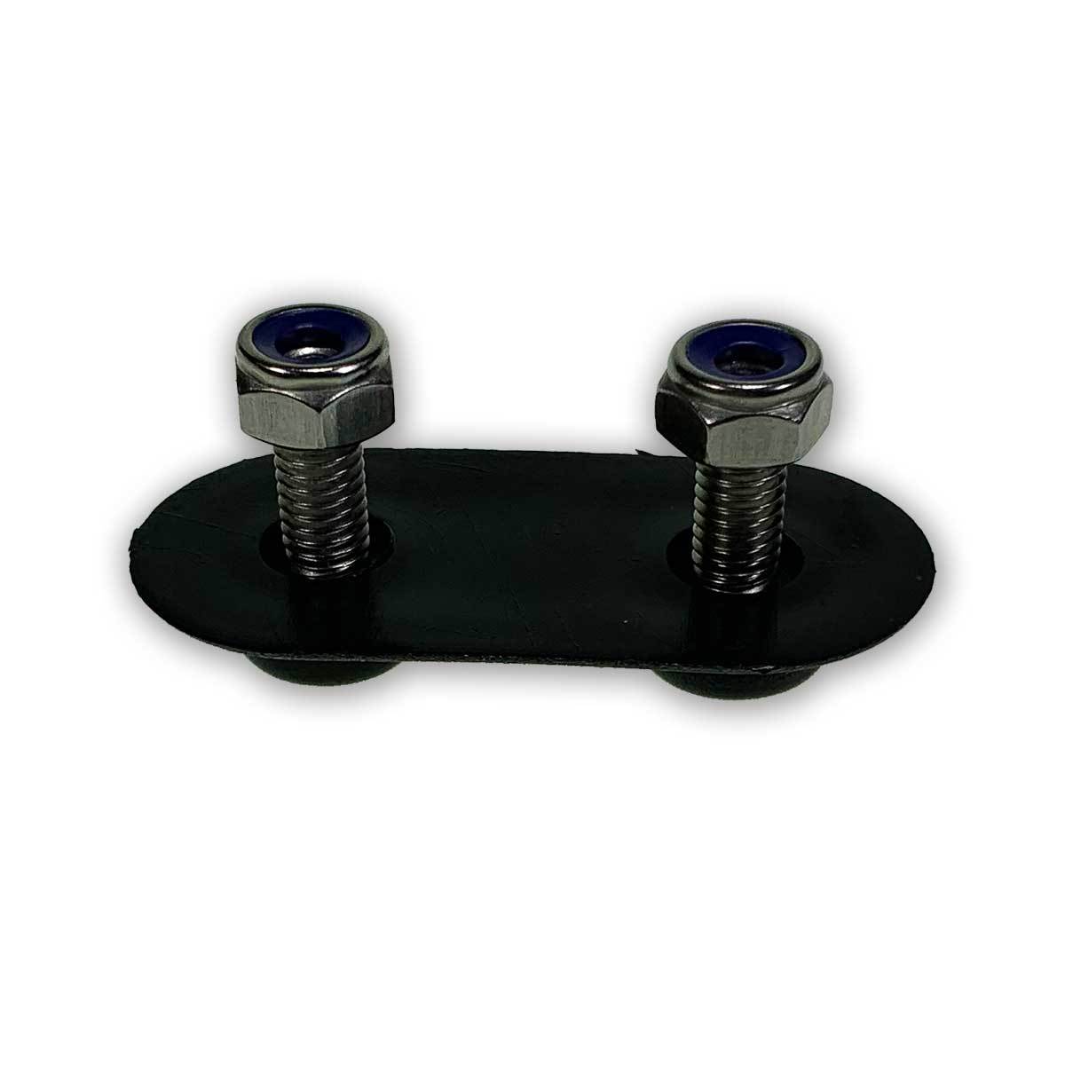 Plastic Back Plate for securing buckles to curtains, features two bolts spaced 28mm apart and includes 14mm studs with nyloc nuts.