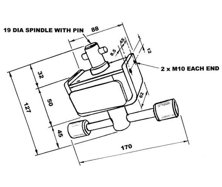R10 Ratchet Tensioner technical drawing with dimensions, including a 19mm pinned spindle and drop-down handle, designed for Southfield Coachworks Ltd.