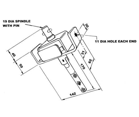 R11 Ratchet Tensioner technical drawing featuring a 25mm slotted spindle, designed for robust performance in commercial trailer applications, with zinc plating and PS100 sealant.