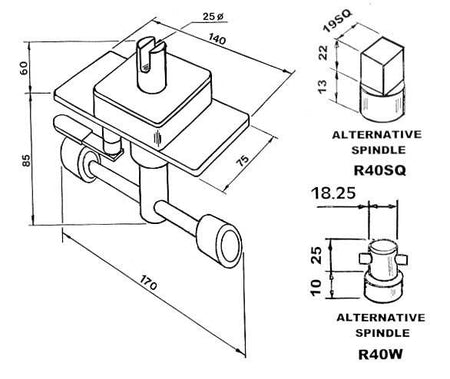 R40 Ratchet Tensioner sketch, featuring a 25mm dia slotted spindle and optional spindles, shown in a technical drawing with detailed design elements.