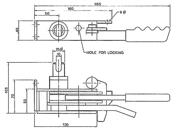 R44 Ratchet Tensioner technical drawing, featuring a lock and hole schematic, with a 25mm slotted spindle and zinc-plated finish.