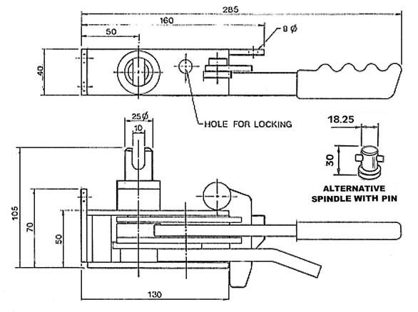R44W Ratchet Tensioner diagram, showing a lock and hole in a technical drawing, designed for SDC Trailers Ltd with specific spindle and finish details.