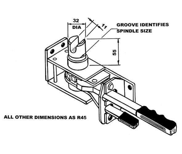 R45LD Ratchet Tensioner sketch, featuring a 31.75 mm spindle with 11 mm slot, designed for commercial trailers. Technical drawing highlights mechanical precision and design.