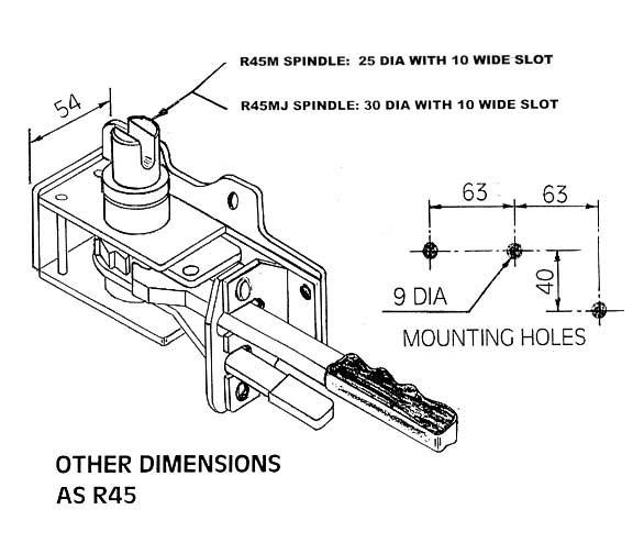 R45M Ratchet Tensioner sketch, featuring a technical drawing with a 25mm slotted spindle, designed for Montracon Trailers Ltd, showcasing its mechanical design and specifications.