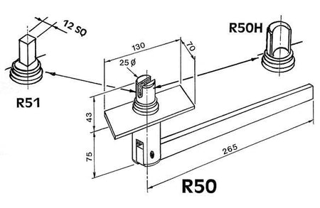R50 Ratchet Tensioner technical drawing, showing a 25mm dia slotted spindle, zinc-plated with weekly lubrication recommendation. Part of Nationwide Trailer Parts Ltd's load restraint offerings.