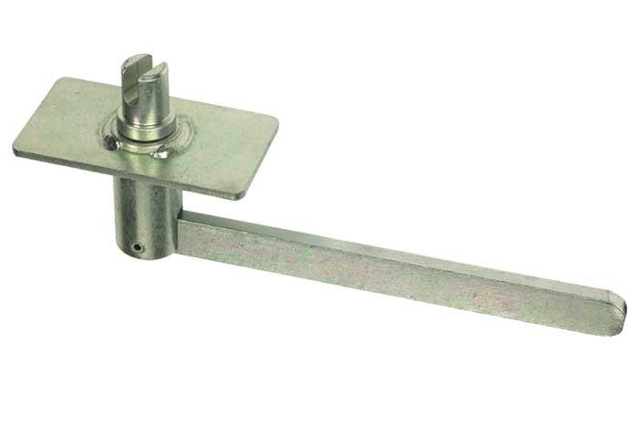 R50 Ratchet Tensioner featuring a metal tool with a square handle and slotted spindle, designed for load restraint applications in commercial trailers.