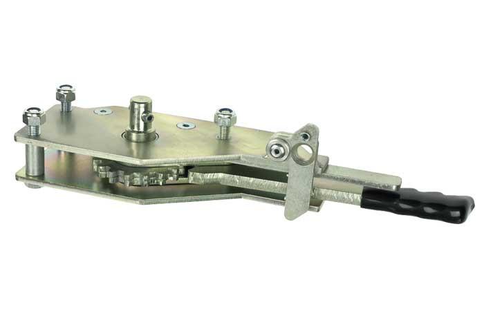 R61I Ratchet Tensioner featuring a metal piece with a black cord, straight lever, zinc plated finish, and pinned spindle, designed for SDC Trailers Ltd.