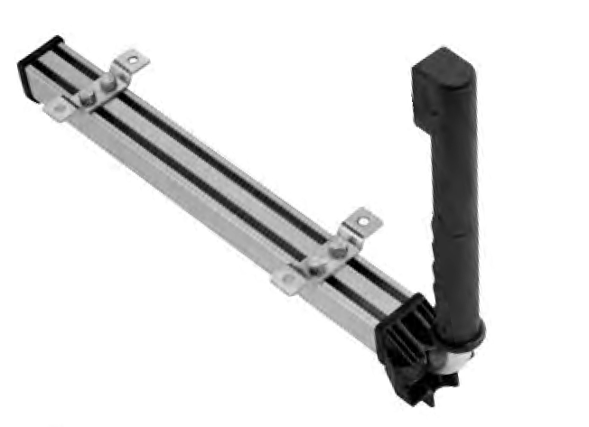 Telescopic Door Retainer (stainless steel) close-up, showcasing metal bar structure and adjustable brackets, designed for commercial trailer door applications.