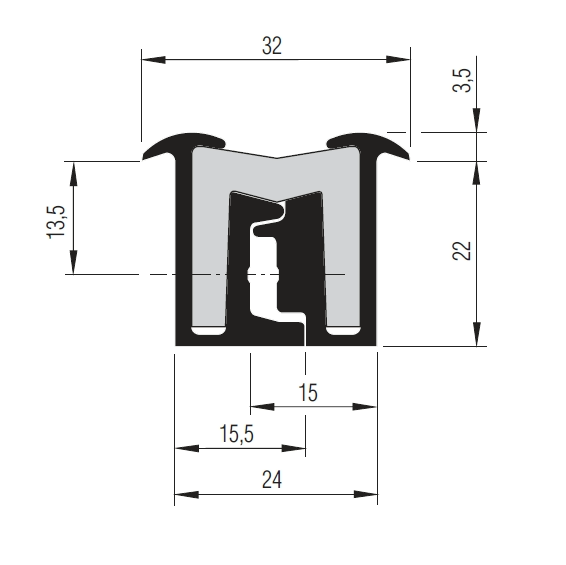 Tila Hinge 22mm x 3000mm, black and white cross-section sketch highlighting its robust, maintenance-free design for versatile door and flap applications.