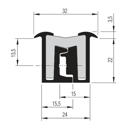 Tila Hinge 22mm x 3000mm, black and white cross-section sketch highlighting its robust, maintenance-free design for versatile door and flap applications.