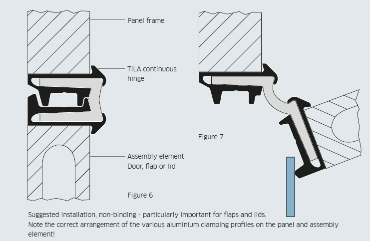 Tila Hinge 29mm x 2700mm diagram, showcasing its anodised aluminium design for doors and flaps, emphasizing maintenance-free, robust, and versatile use in various applications.