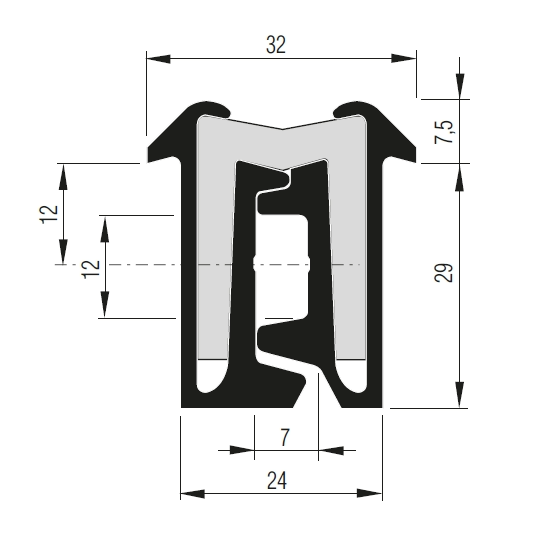 Tila Hinge 29mm x 2700mm, illustrated in black and white diagram, showcasing its robust anodised aluminium design for versatile door and lid applications.