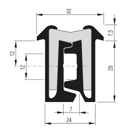 Tila Hinge 29mm x 2700mm, illustrated in black and white diagram, showcasing its robust anodised aluminium design for versatile door and lid applications.