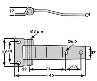 Door Hinge (Raised Blade) - Zinc Plated, featuring a detailed diagram showcasing dimensions and structure, includes a 304G stainless steel pin for enhanced durability.