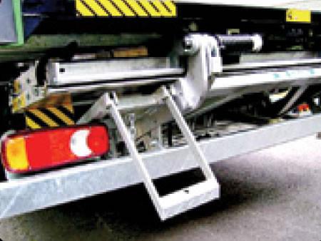 Tail Lift Tuck-Away Access Step, galvanized, single rung, bolts onto tail lift underside; ideal for large commercial trailers.