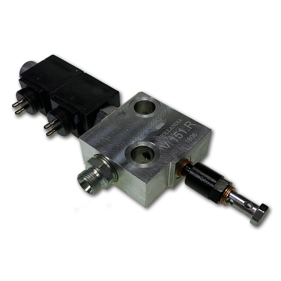 Valve Block Hydro Motor with black connectors, designed for 24-volt Dhollandia Tail Lifts, emphasizing durability for commercial trailer applications.